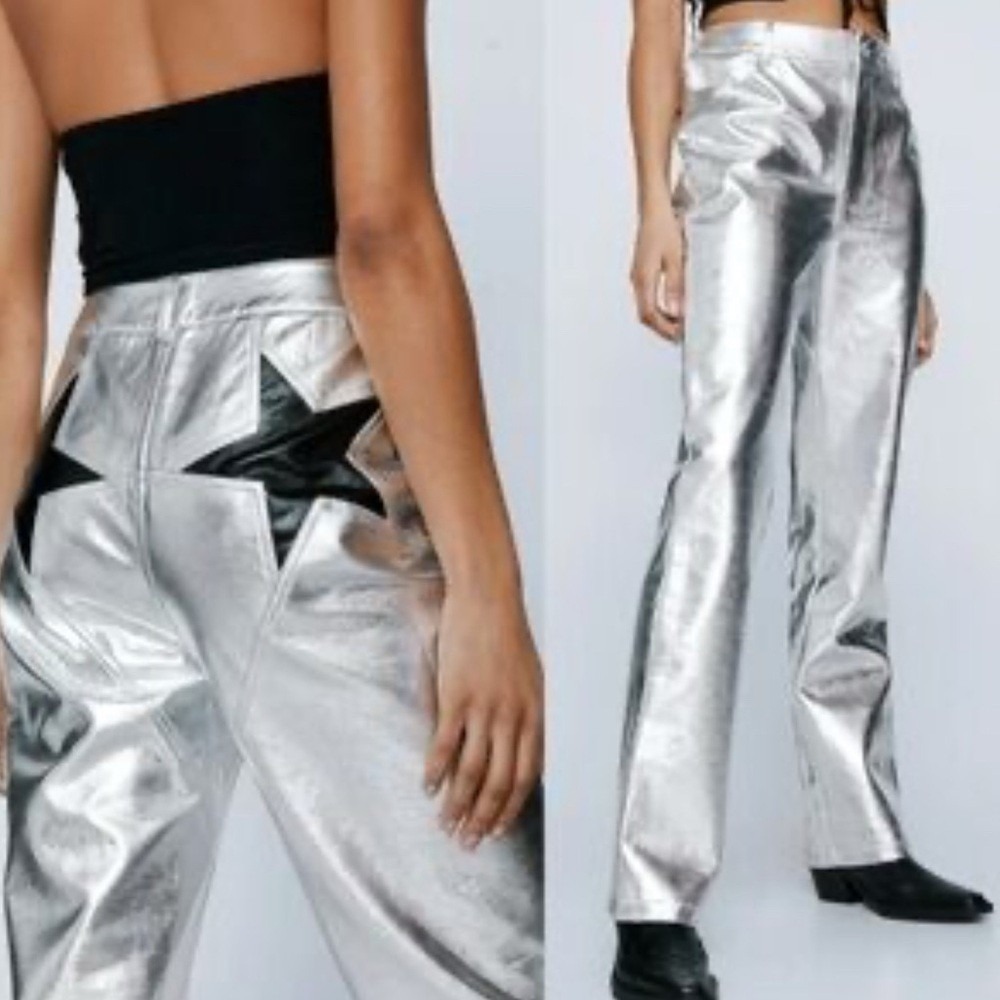 Nasty Gal Silver Metallic‎ Faux Leather Star Bum Patch Western Concert Pants 6